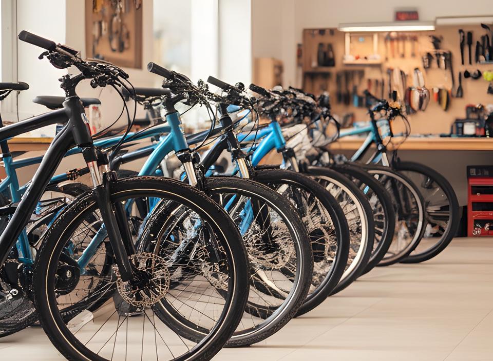 Fila de bicicletas novas e usadas na loja de Amares, com luz natural e chão de oficina limpo