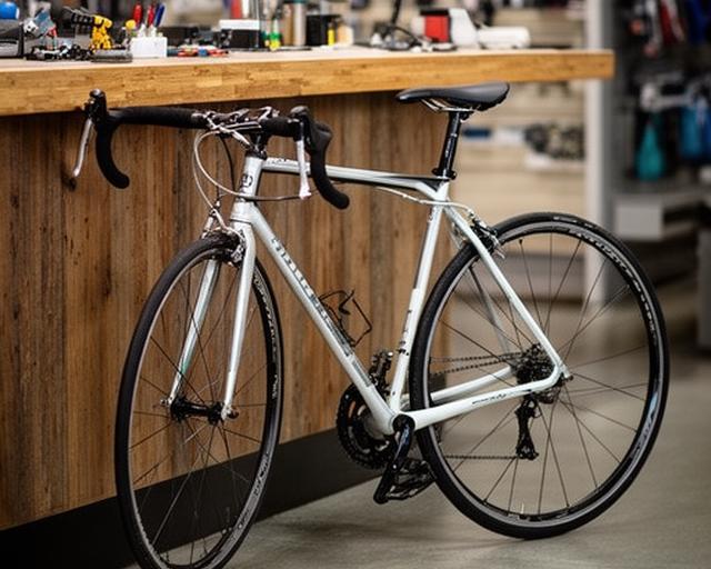 Bicicleta de estrada leve com quadro fino apoiada junto a um balcão de madeira na loja