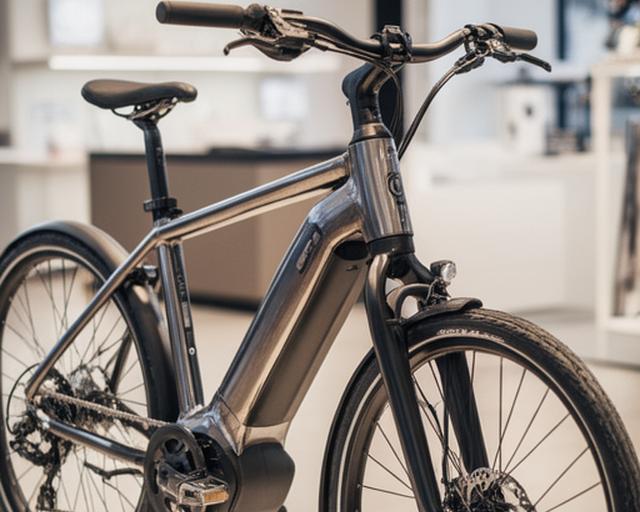 Bicicleta eléctrica urbana E-City em ambiente de loja, com bateria integrada e guiador recto