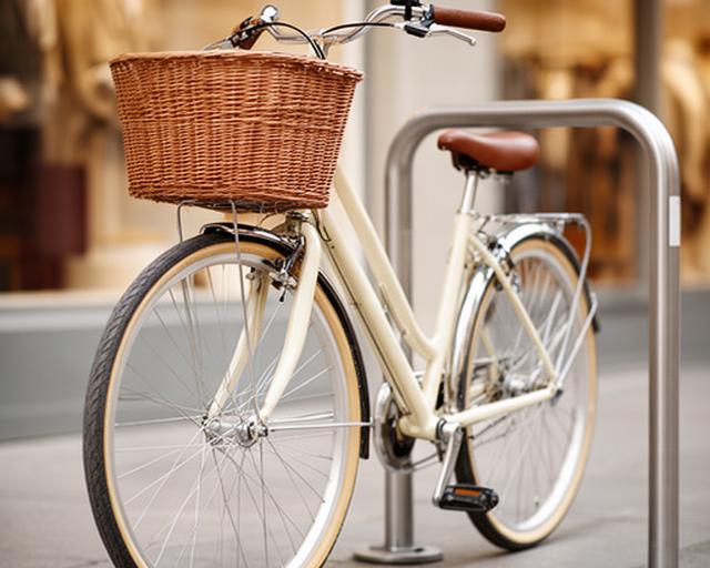 Bicicleta urbana Classic para senhora junto a um suporte de estacionamento, com cesta frontal e quadro claro