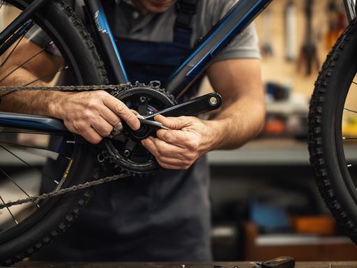Mecânico da Zênite Bicicletas a ajustar mudanças numa bicicleta de montanha dentro da oficina