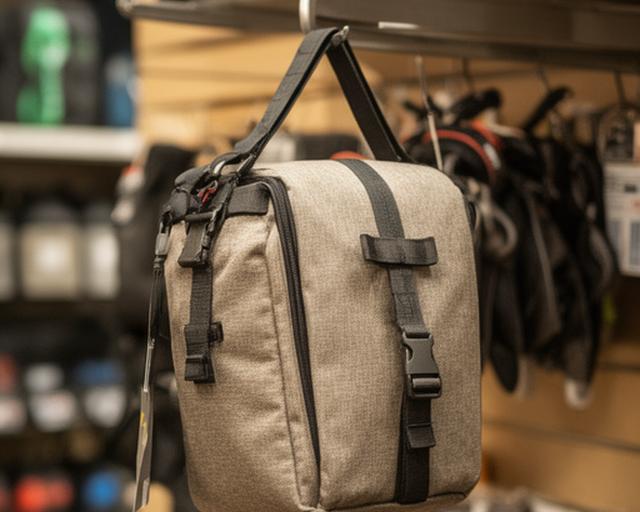 Alforge para bicicleta pendurado num gancho de loja com fecho e tecido resistente