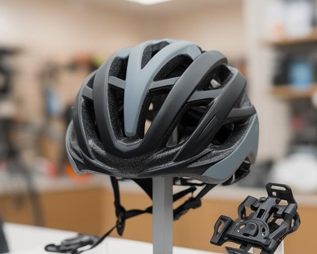 Capacete de ciclismo preto e cinzento pousado num expositor de loja