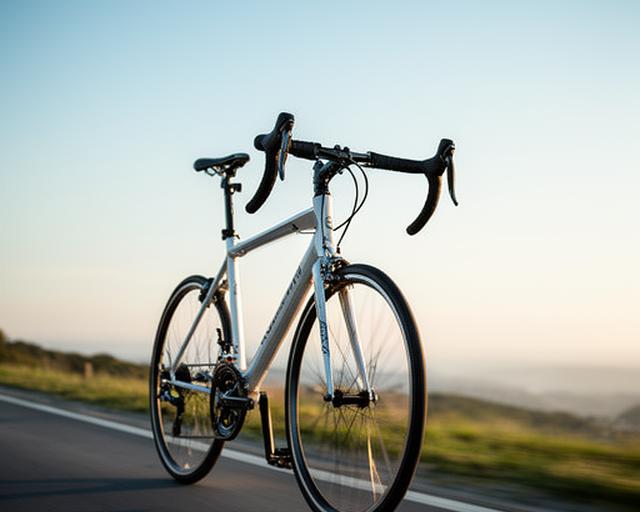 Bicicleta de estrada leve num passeio aberto com linha de horizonte luminosa e estrada lisa