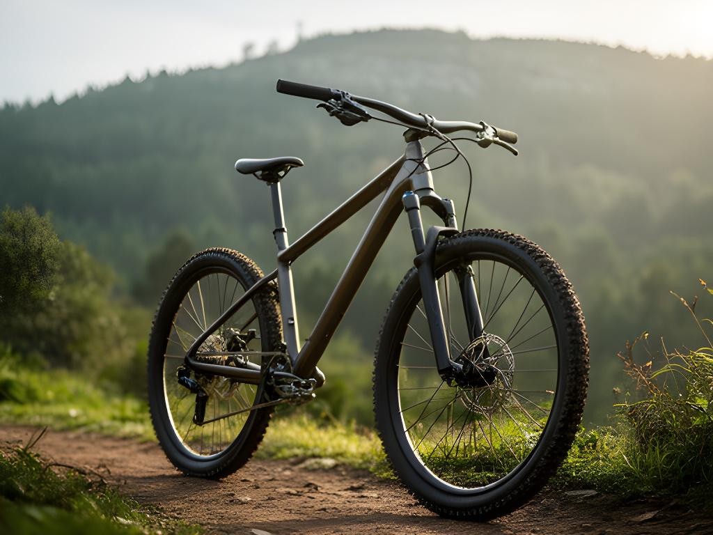 Bicicleta de montanha em destaque com o verde do Gerês ao fundo e luz suave sobre o trilho
