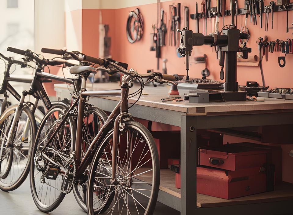 Bicicletas alinhadas numa oficina de Amares com bancada de reparação e luz natural