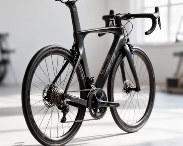 Bicicleta de estrada em carbono Via 7 com rodas finas e quadro preto numa sala luminosa