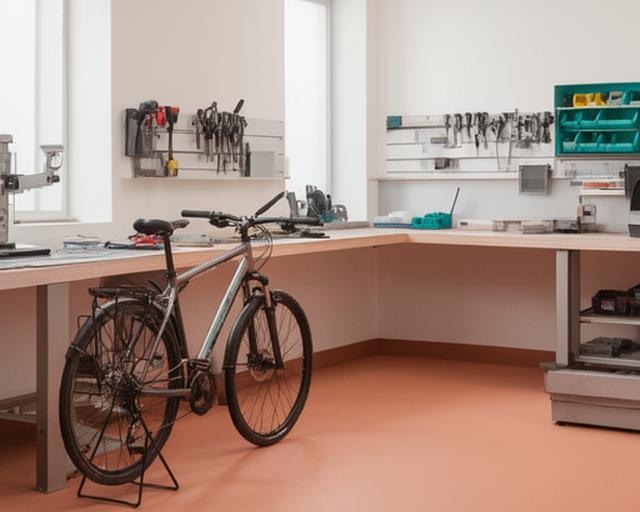 Bicicleta de oficina junto a balcão de atendimento em Amares com ambiente limpo e organizado