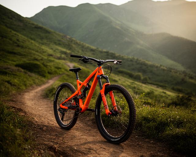 Bicicleta de montanha laranja junto a trilho de terra com o relevo verde do Minho ao fundo