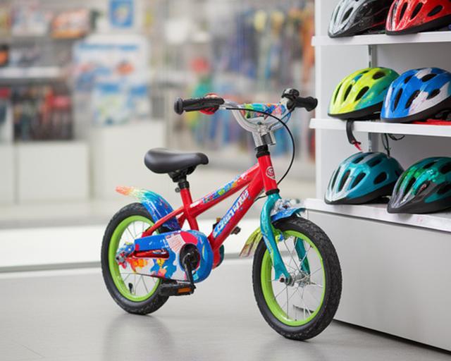 Bicicleta infantil Sprint Kids com cores vivas num canto da loja, ao lado de capacetes pequenos