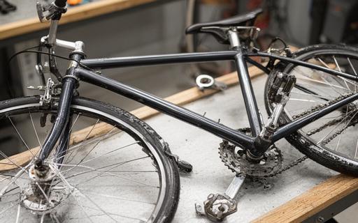 Bicicleta usada revistada e limpa sobre bancada de revisão na oficina