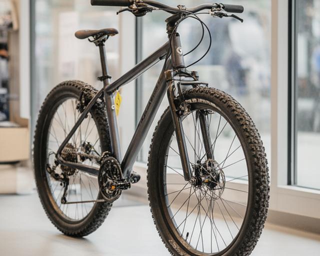 Bicicleta usada revisada com pneus novos e etiqueta de inspeção na montra da loja