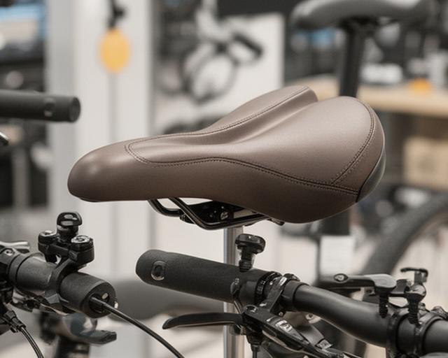 Selim ergonómico para bicicleta exposto ao lado de punhos e suportes