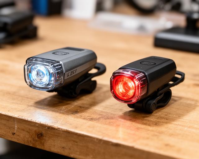 Luzes dianteiras e traseiras para bicicleta alinhadas sobre uma bancada de madeira