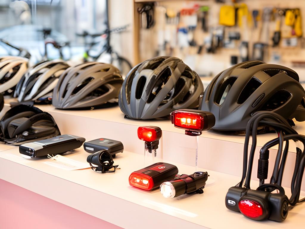 Balcão de acessórios para bicicletas numa loja luminosa em Amares, com capacetes, luzes e cadeados em exposição