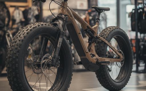 Bicicleta de montanha com pneus largos na área de exposição da loja