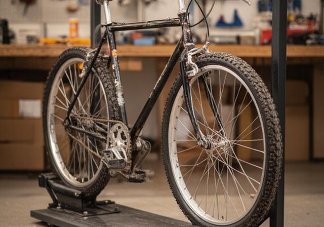 Bicicleta usada revista em suporte, com corrente limpa e pneus em bom estado