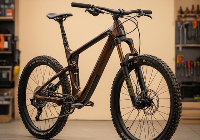 Bicicleta de montanha pronta para trilho, apoiada junto a uma parede de oficina